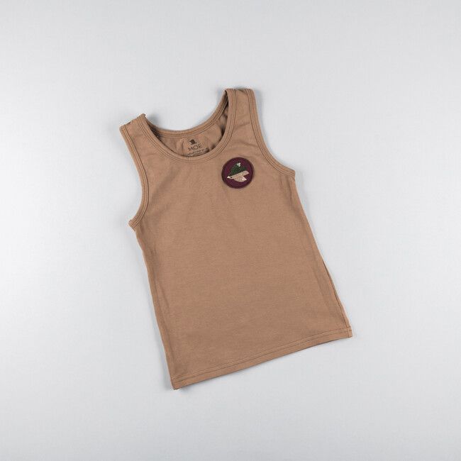 Children's beige tank top made of organic cotton with a playful patch