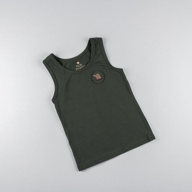 Children's dark green tank top made of organic cotton with a playful patch